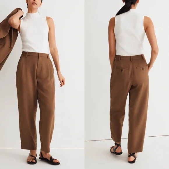 Madewell Tall Pleated Tapered-Leg Pants in Easy Going Crepe Light Roast Size 8T - Picture 1 of 16